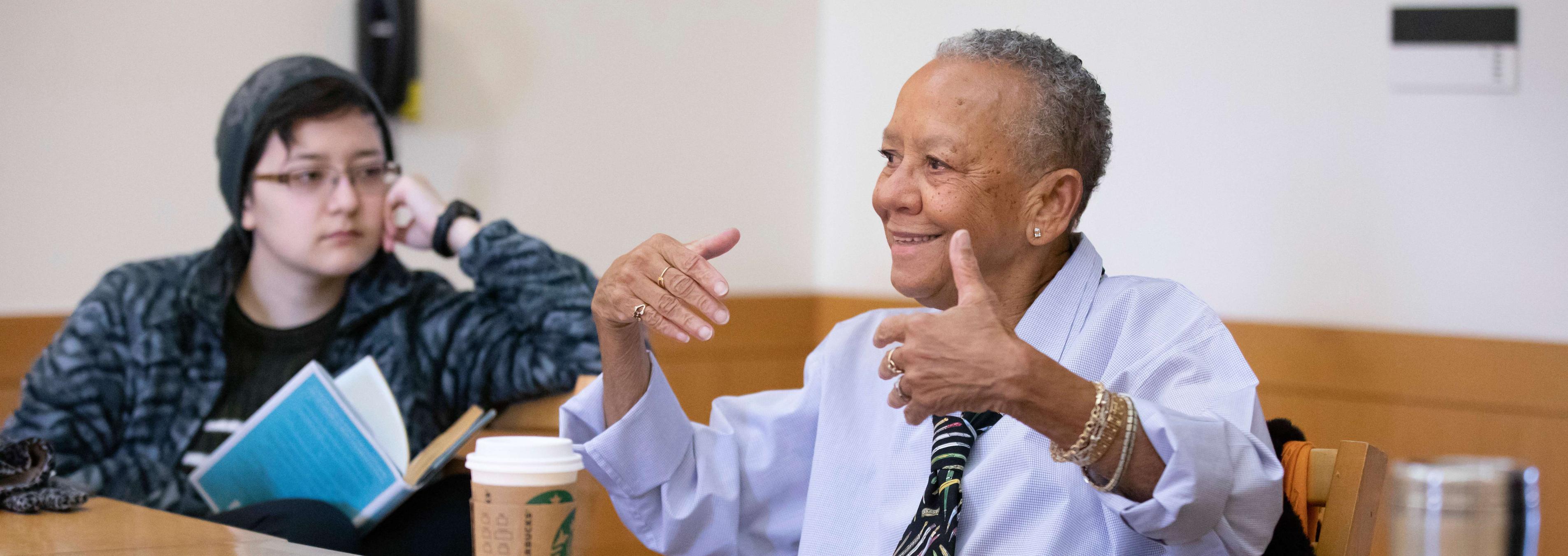 Poet Nikki Giovanni speaks to an advanced poetry class during her campus visit.