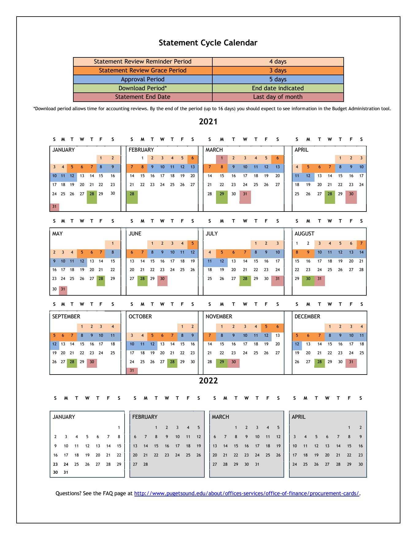 Office of Finance Statement Cycle Calendar for 2021