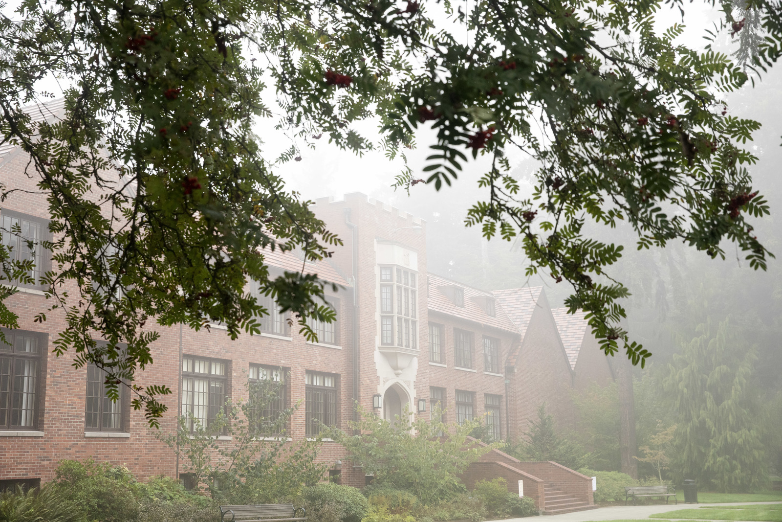 Howarth Hall on a foggy morning