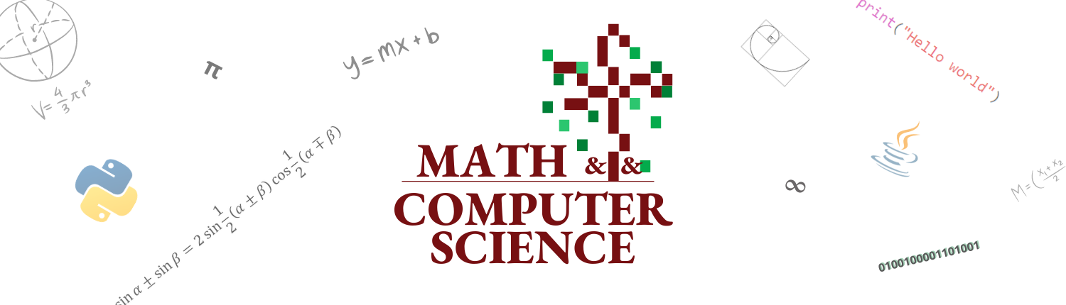 Math and Computer science logo with random equations and code snippets around it.