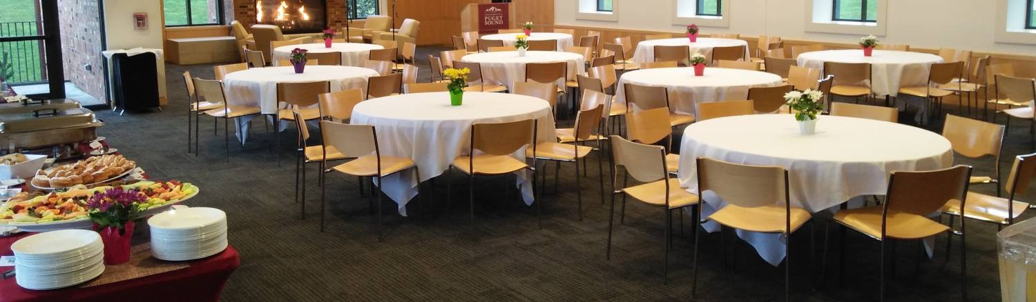 A catered event set up in Thomas Hall, Tahoma Room