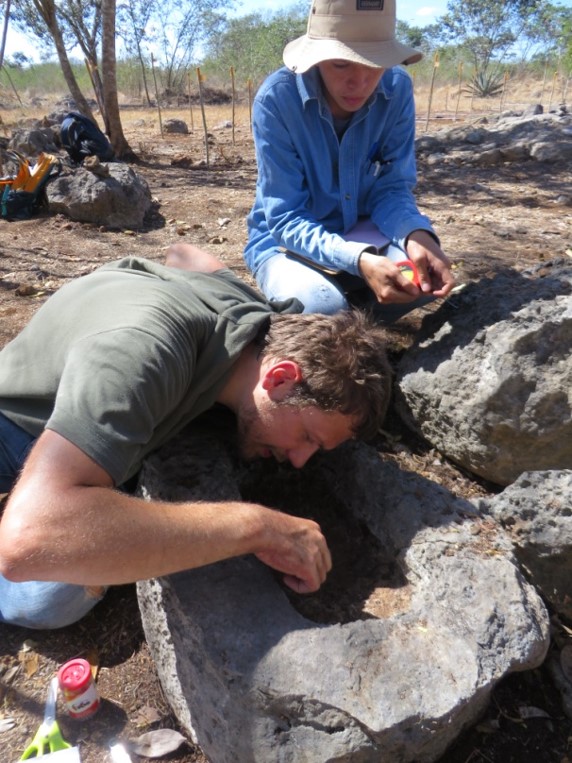 A person examining a rock in the ground