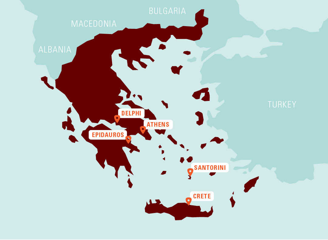 Map of tour locations: Epidauros, Delphi, Athens, Santorini, Crete