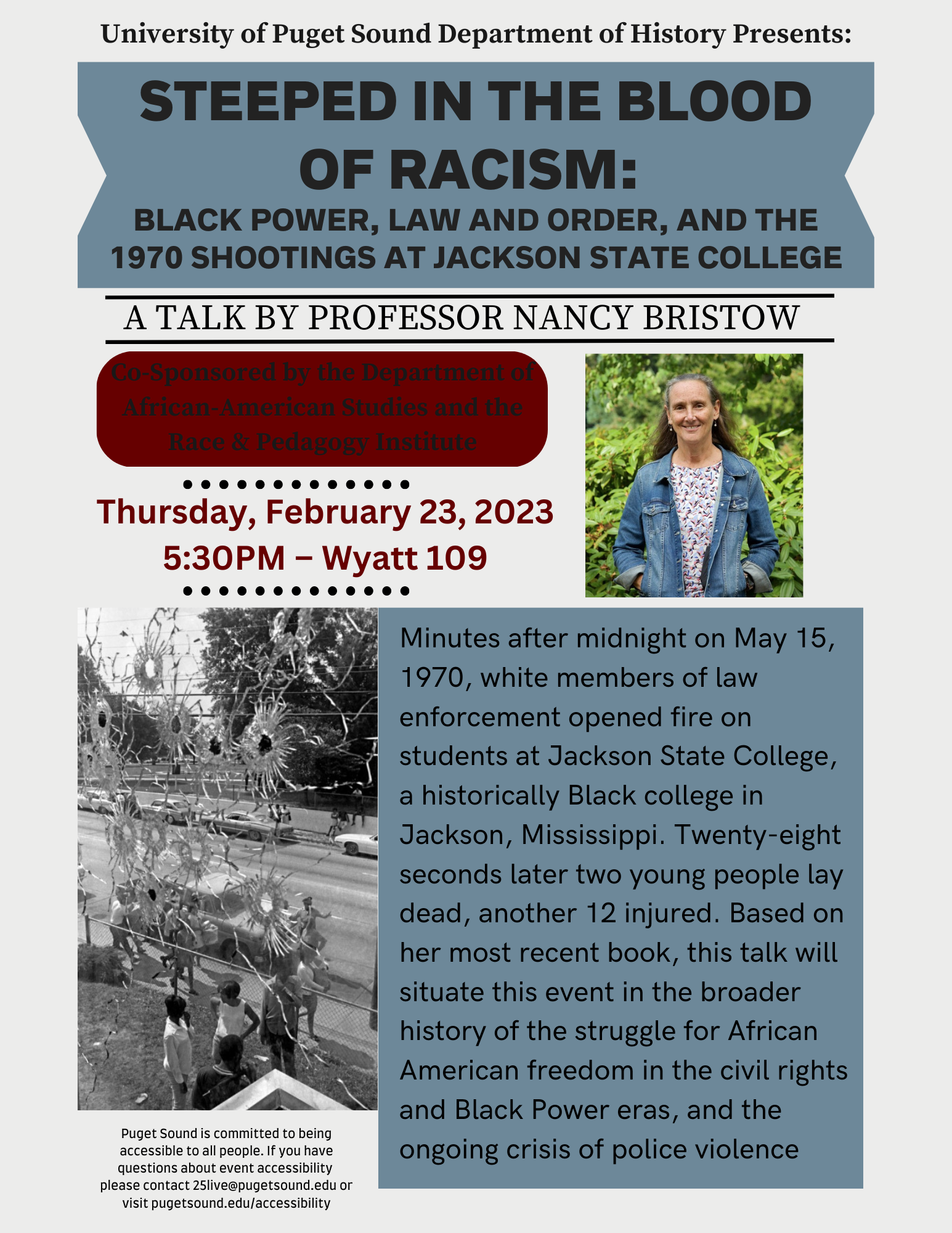 Poster for February 2023 Nancy Bristow lecture.