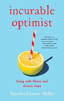 Book cover: Incurable Optimist. A straw protrudes from half a lemon on a blue background.