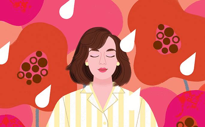 Illustration of brunette woman with eyes closed, background lots of red and pink poppies