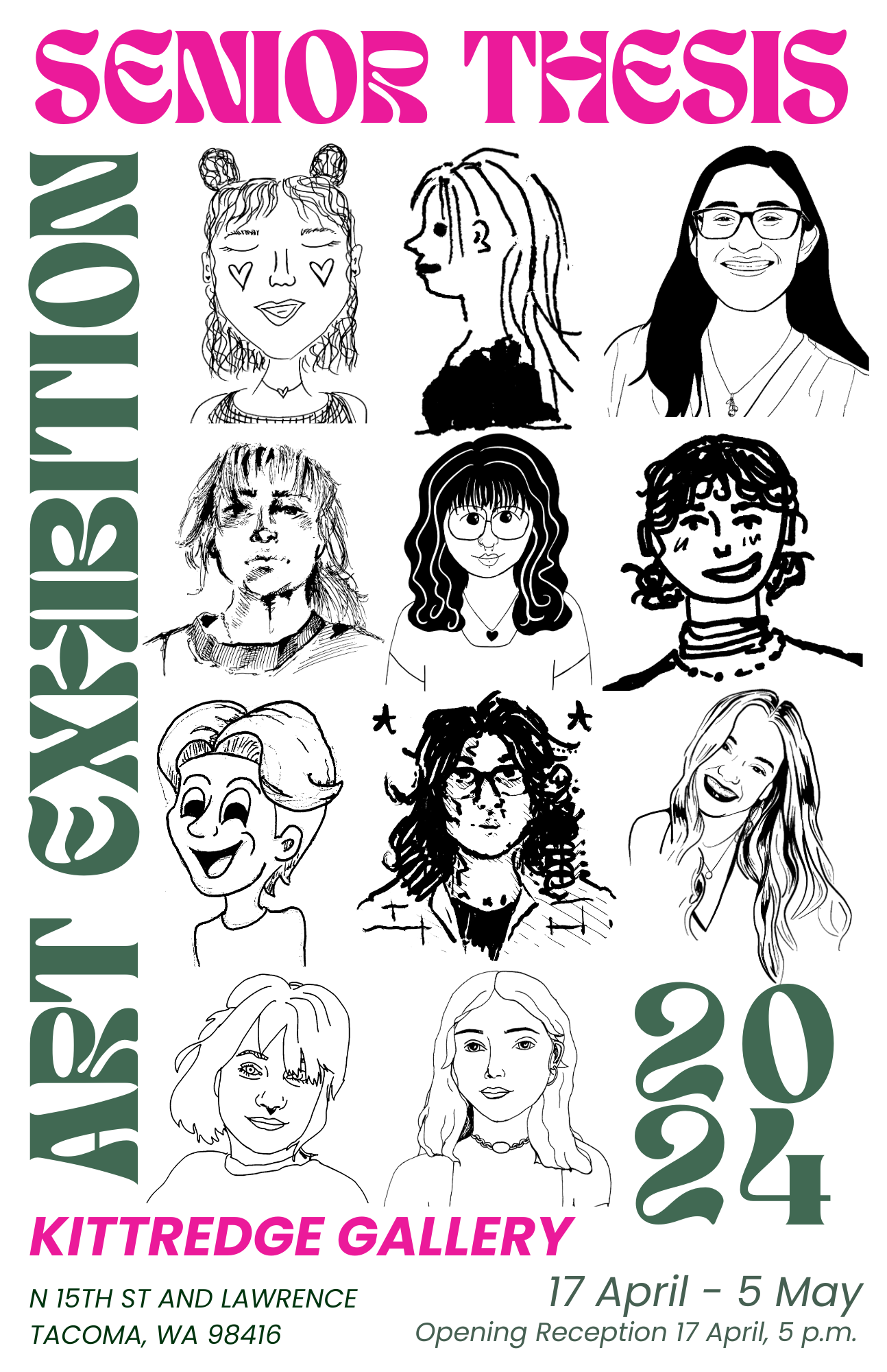 Senior Thesis Art Exhibition Poster with artists' faces illustrated