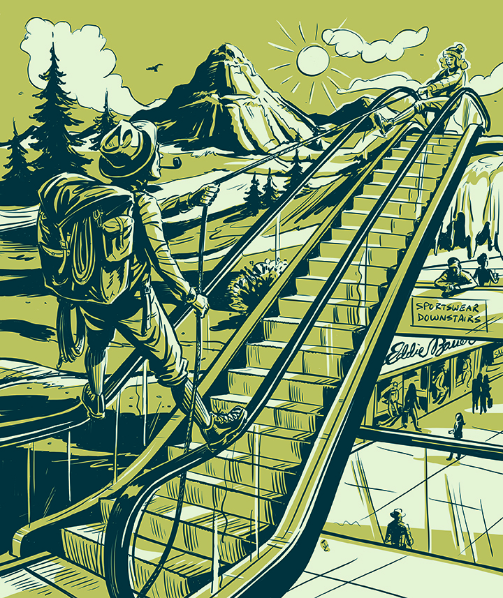 Illustration of a mountain scene with a hiker stepping onto an escalator taking him into the wilderness