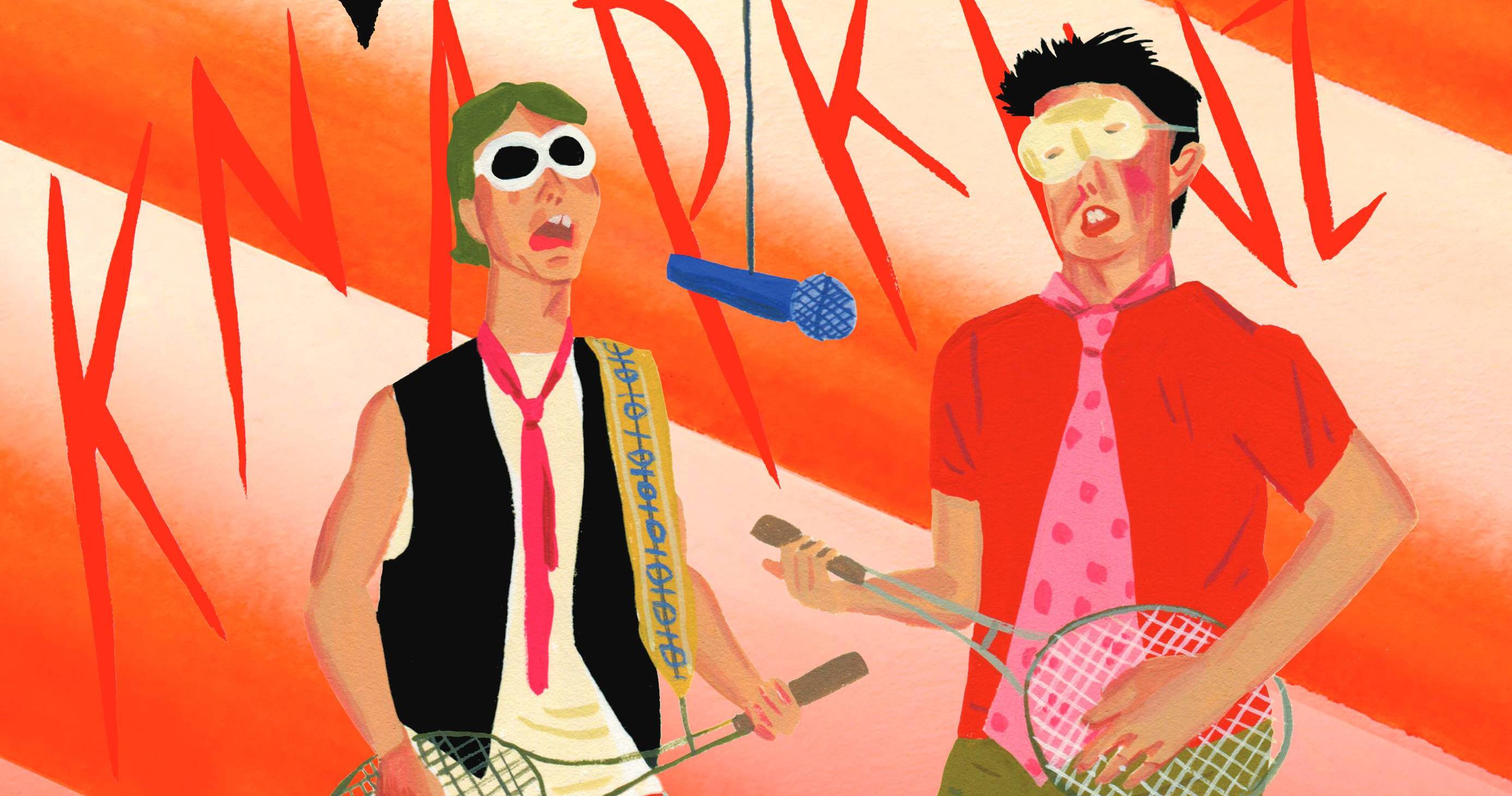 Illustrated image of two men dressed in T-shirts with ties and sunglasses using tennis racquets for guitars; the stylized word KNAPKINZ is in the background