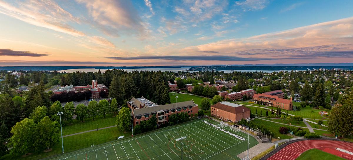 Overhead view of the University of Puget Sound athletic fields. 