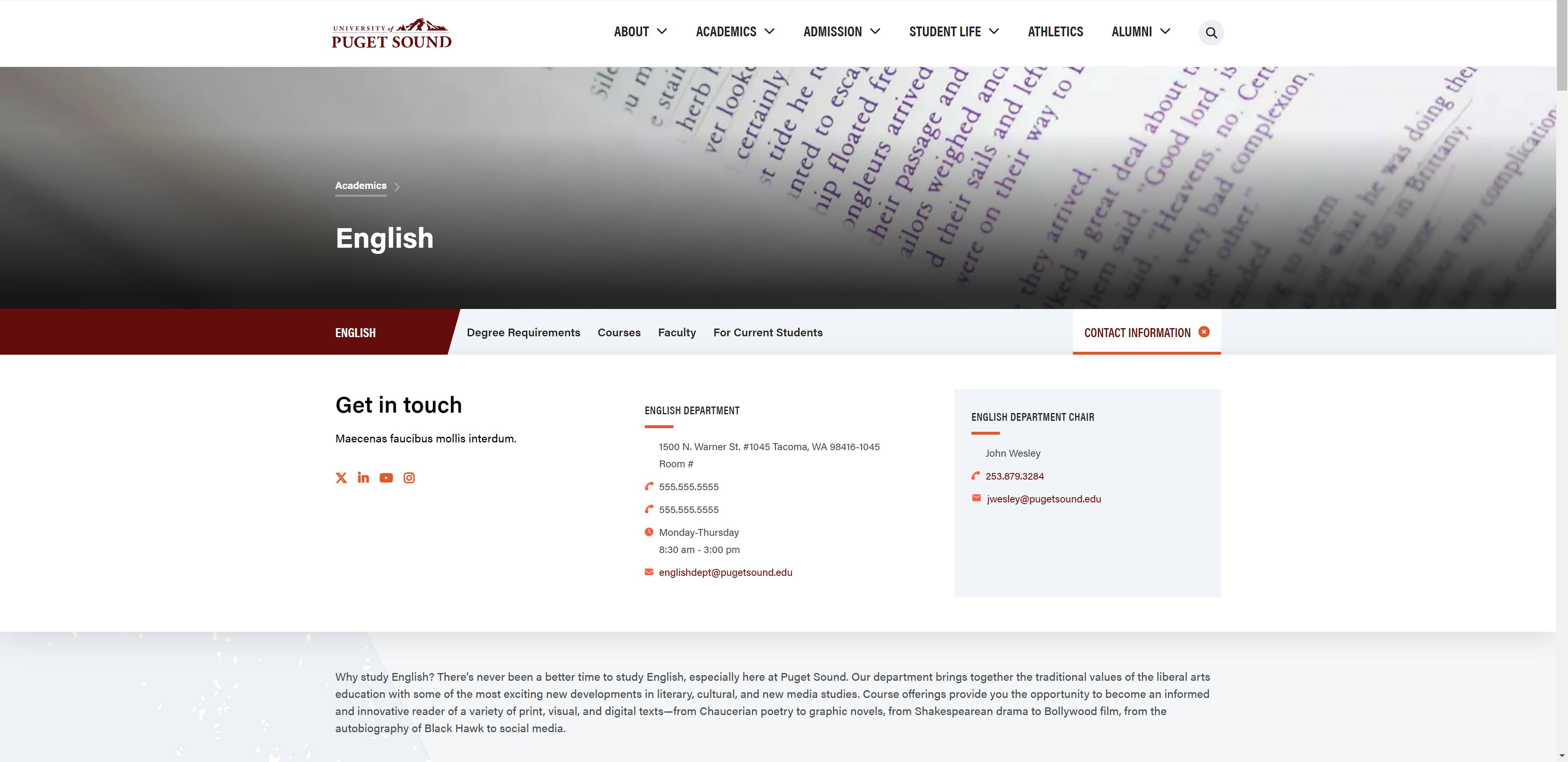 Screen capture of the university website showing a lower level page with contact block expanded.