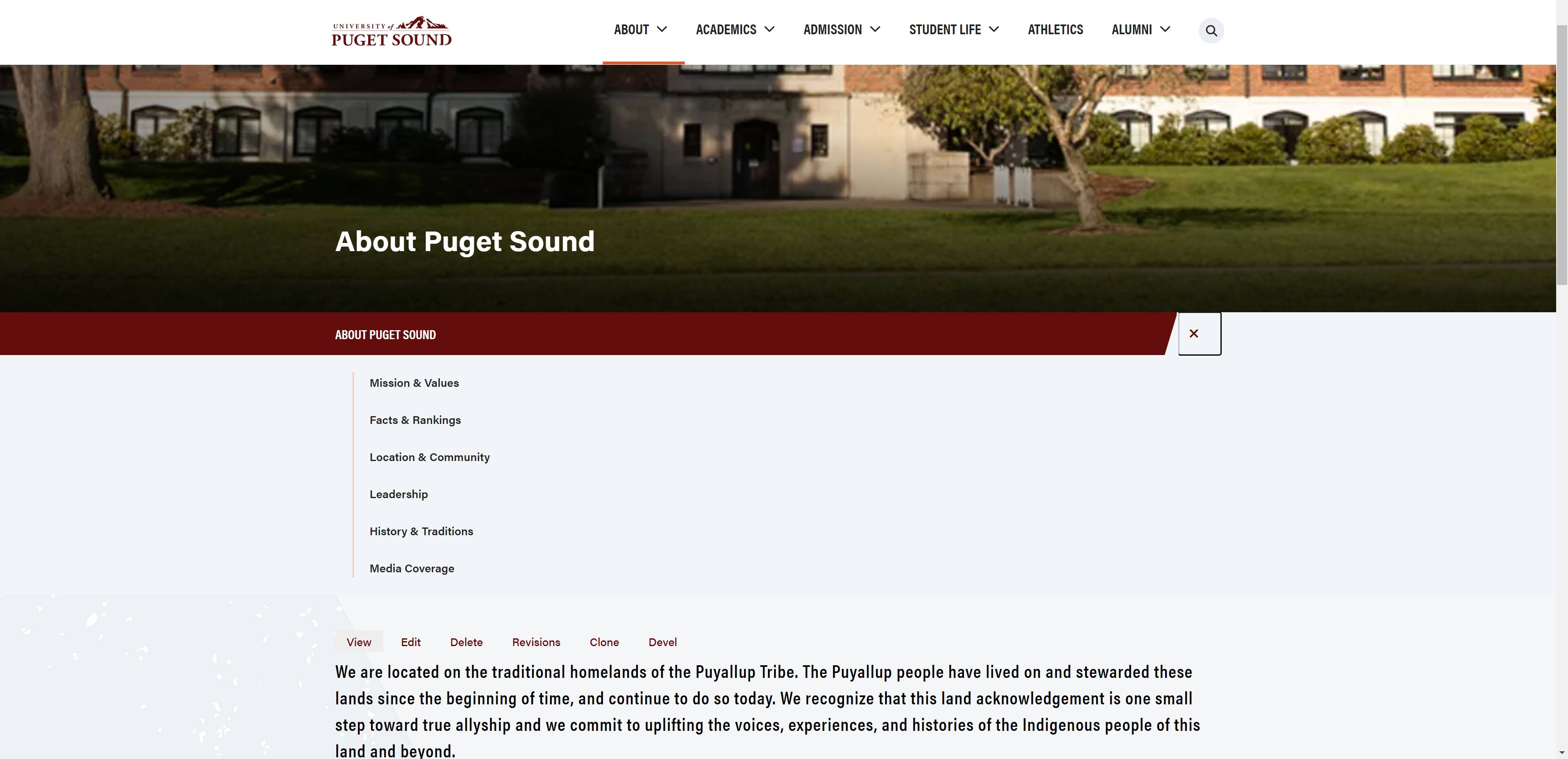 Screen capture of the university website showing an expanded view of the local navigation.