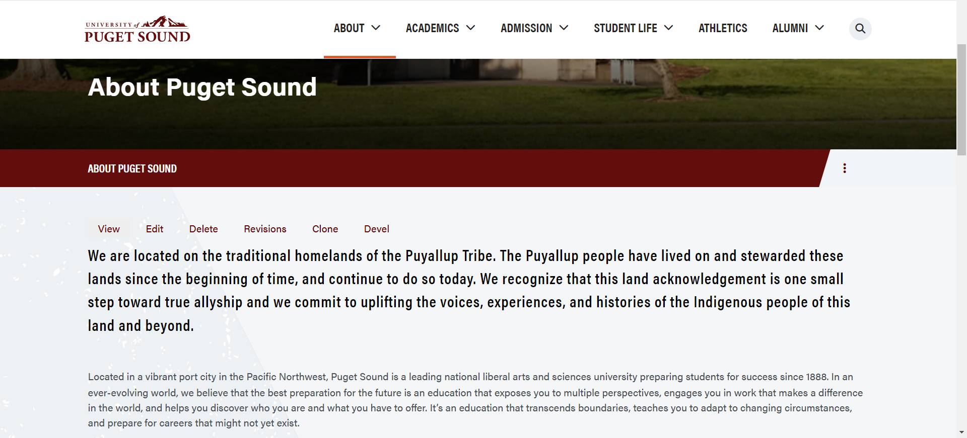 Screen capture of the university website showing a lower level page with rolled up local navigation.