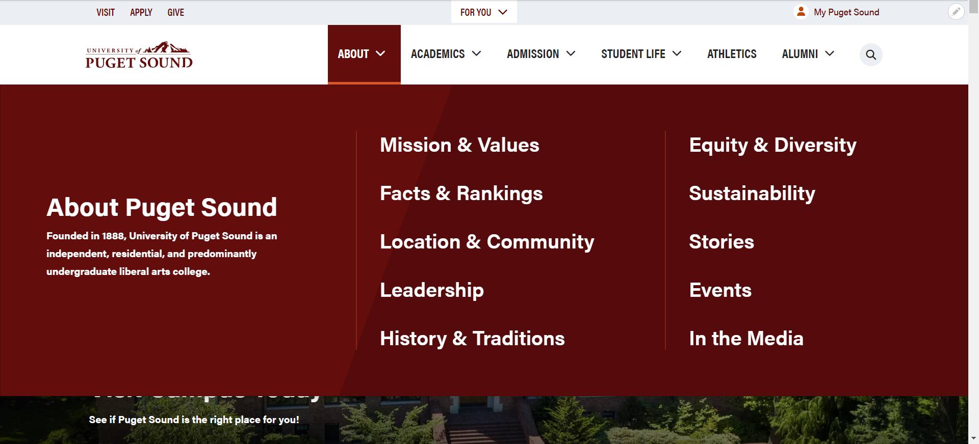 Screen capture of the university website showing the rollover navigation.