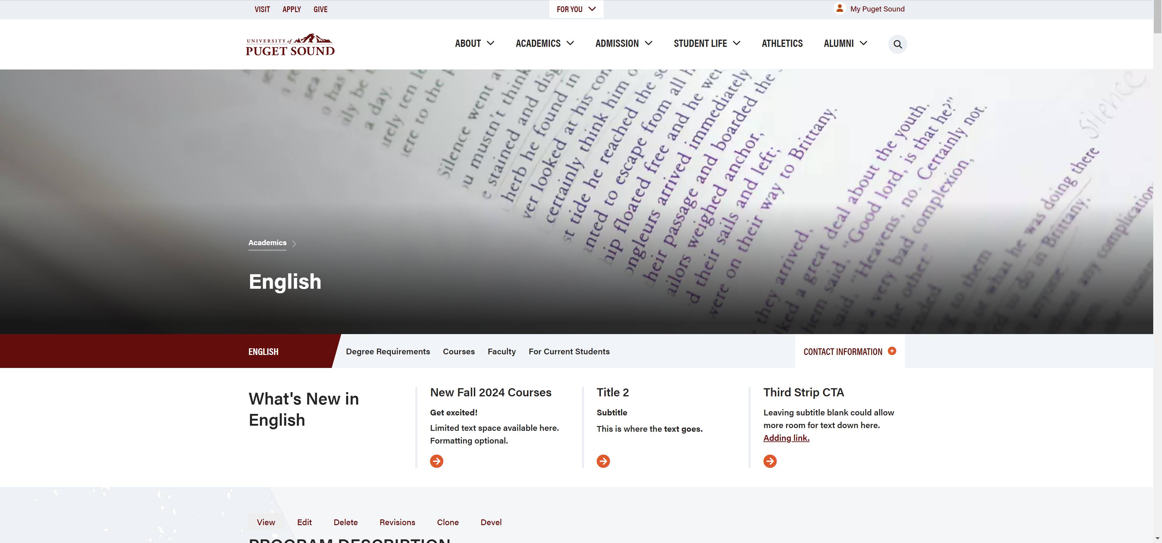 Screen capture of the university website showing the top of a page including the local navigation