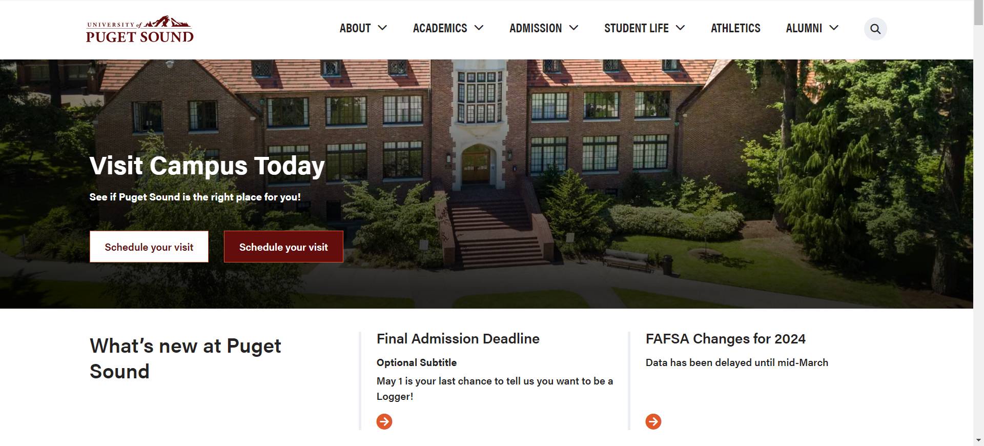 Screen capture of the university website showing the header and calls-to-action under the banner graphic.