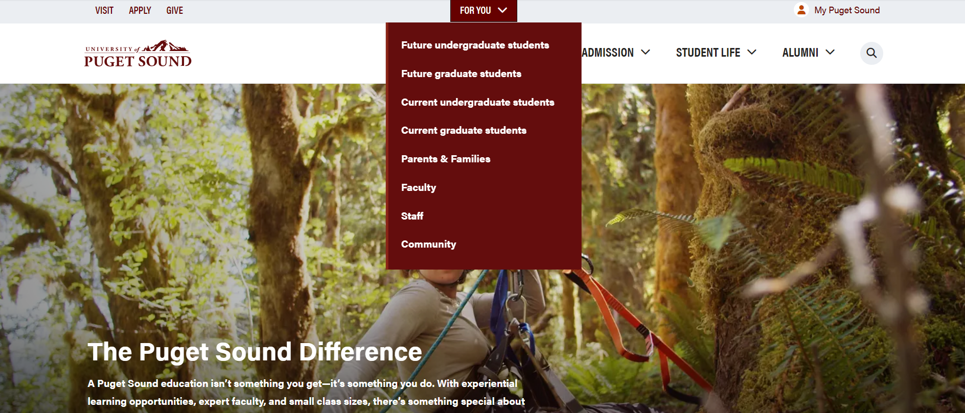 Updated university website header displaying the For You audience menu