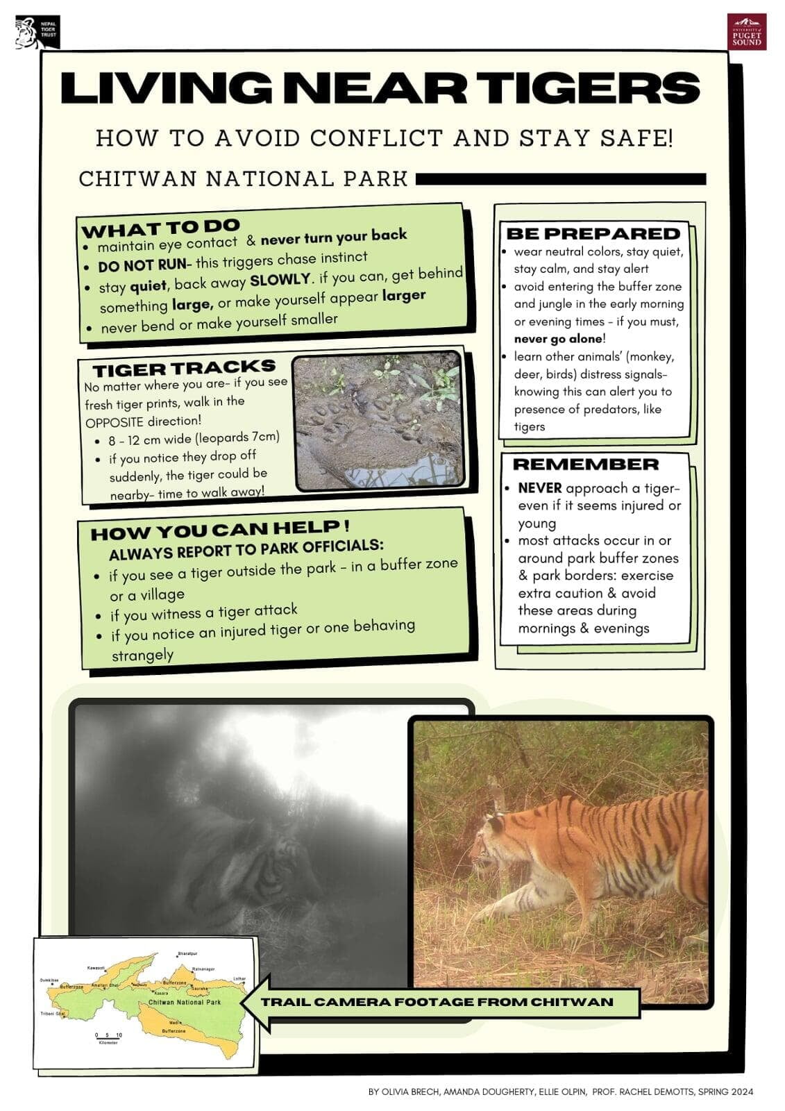 Poster describing how to avoid encounters with tigers.