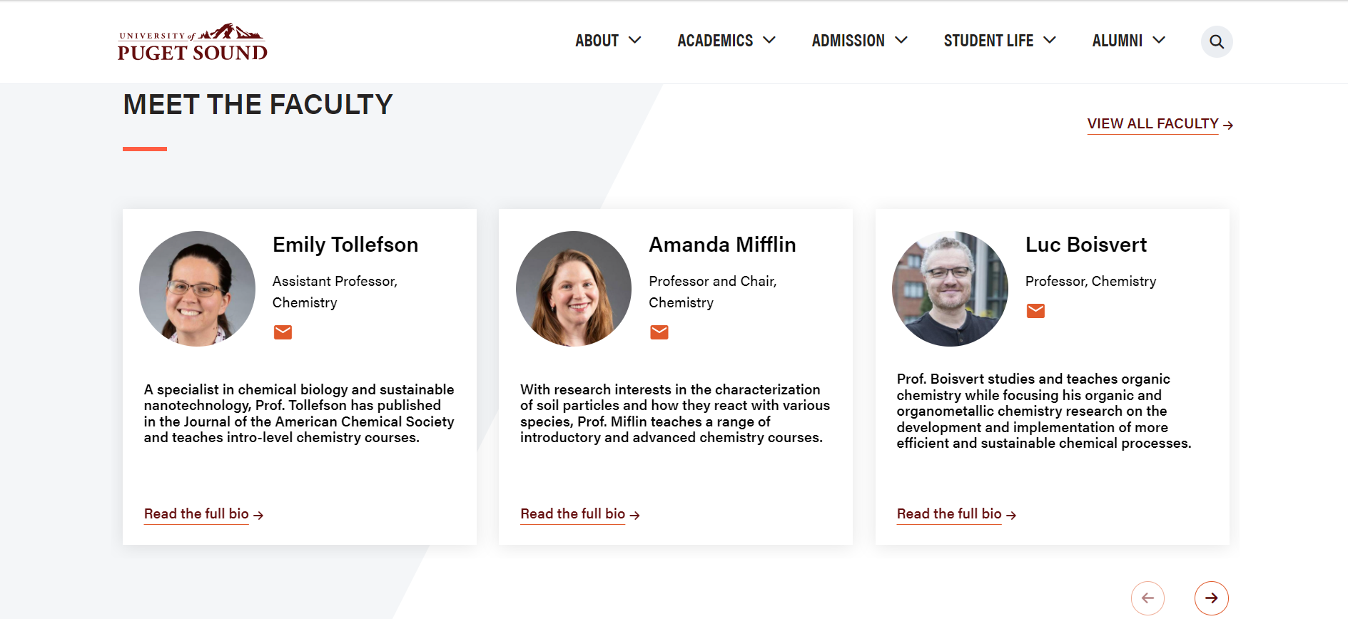 Updated university website capture showing the Meet the Faculty carousel