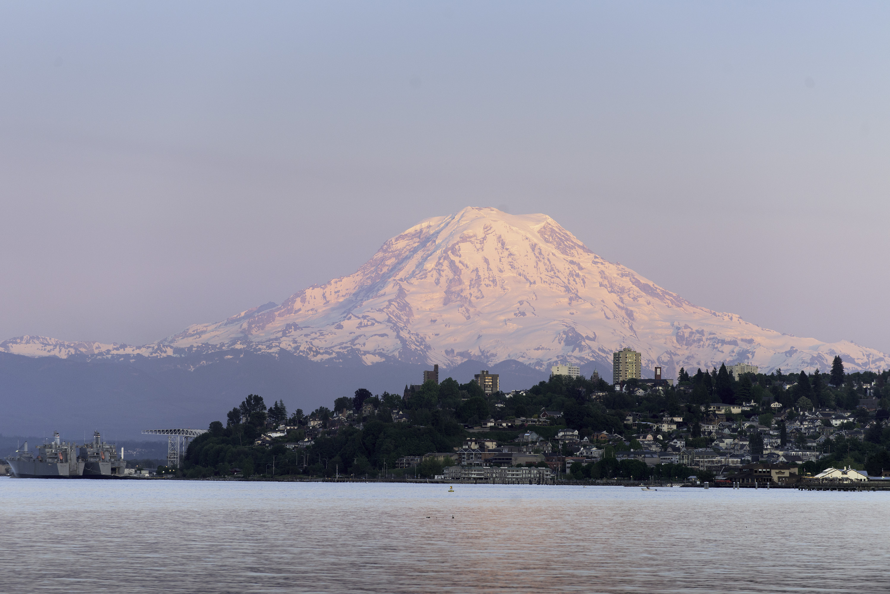 A view of Commencement Bay, Tacoma, and Mount Rainier