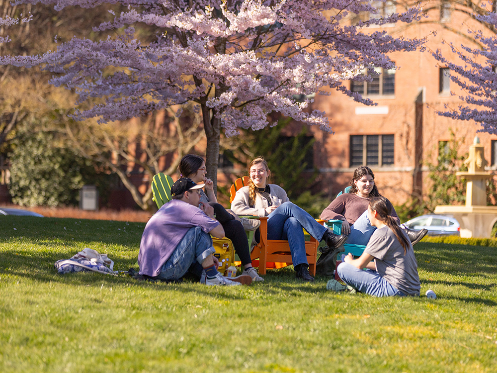 Students relaxing outdoors on campus