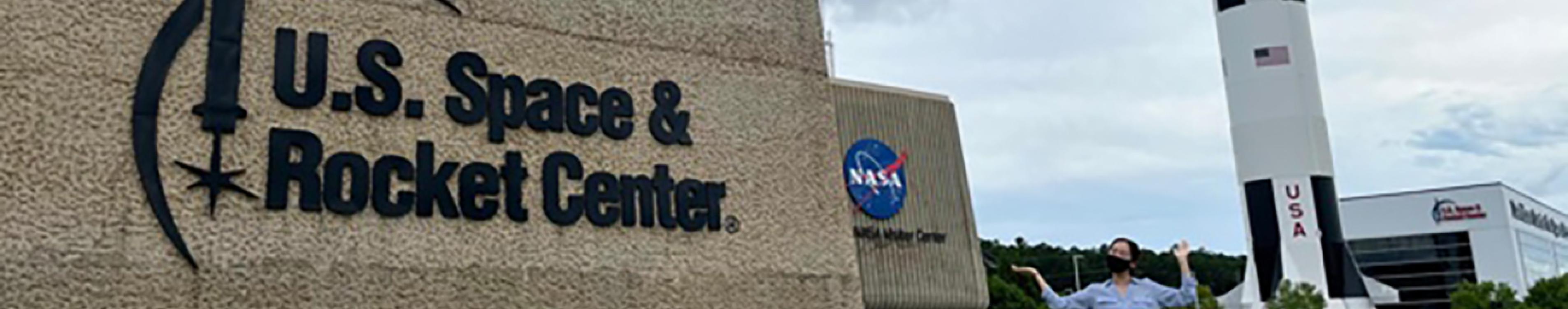Kyra Lee ’24 in front of NASA's Marshall Space Flight Center
