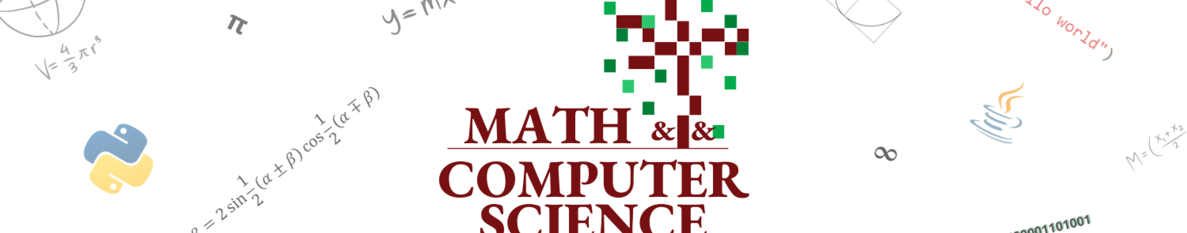 Math and Computer science logo with random equations and code snippets around it.
