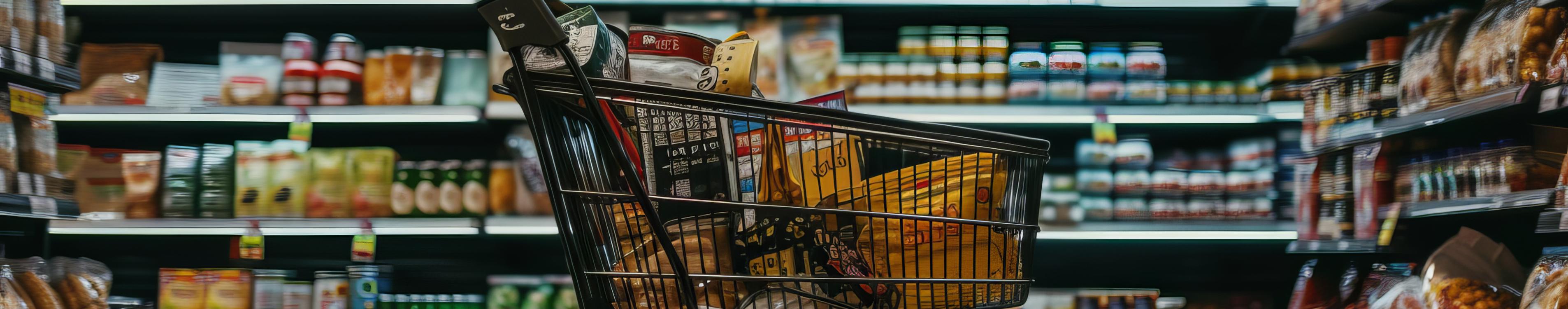 Shopping cart and shelves of products in a store (royalty free image from Pixabay)