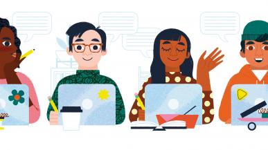 Illustration of four people seated with laptops
