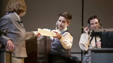 Student actors perform onstage in Norton Clapp Theatre in a production of Machinal, 2021