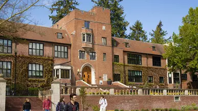 Front view of Jones Hall, a red brick building on campus.