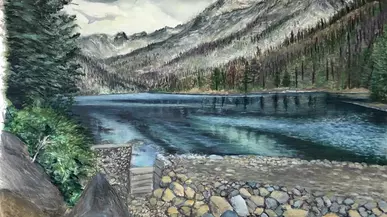 Painting of mountains and water's edge