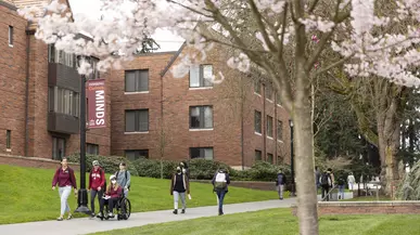 Campus members and visitors make their way along the sidewalk between Howarth Hall and Trimble Hall