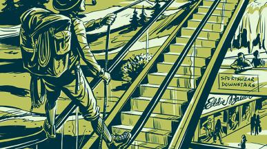 Illustration of a mountain scene with an escalator and two climbers scaling it to get to the wilderness beyond