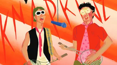 Illustration of two guys in T-shirts and ties with sunglasses and tennis racquets for guitars. The stylized word KNAPKINZ is behind them.