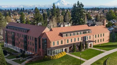 The University of Puget Sound campus as seen from above with Mt. Rainier in the background. 