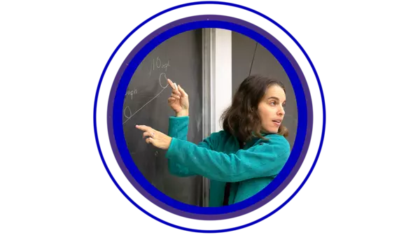 Circular photo of a female professor pointing at a chalkboard