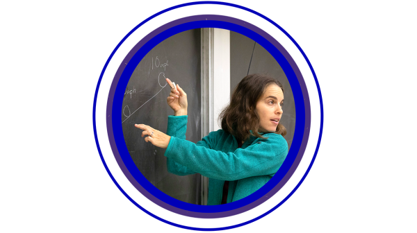 Circular photo of a female professor pointing at a chalkboard
