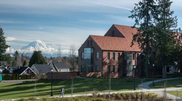 Weyerhaeuser Hall and Mount Rainier