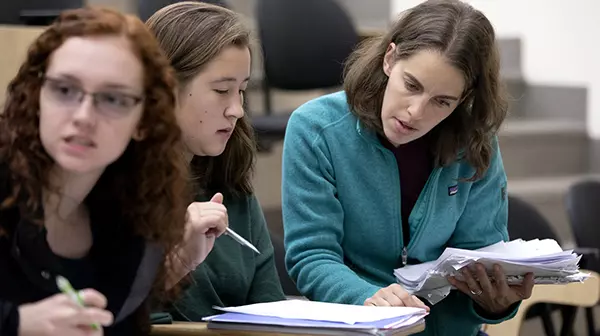 Prof. Rachel Pepper instructs her physics class in the Thompson Hall
