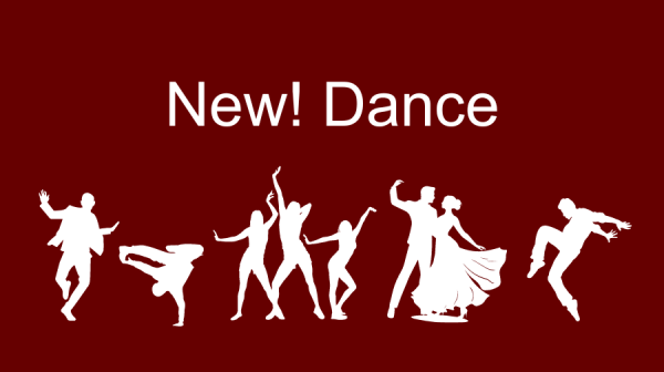 The words: New! Dance on a dark background with silhouettes of people doing a variety of styles of dance in a row below the words.