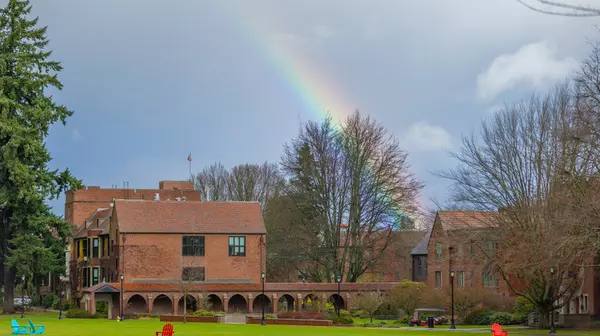 Rainbow over Jones Hall and view of Todd Field