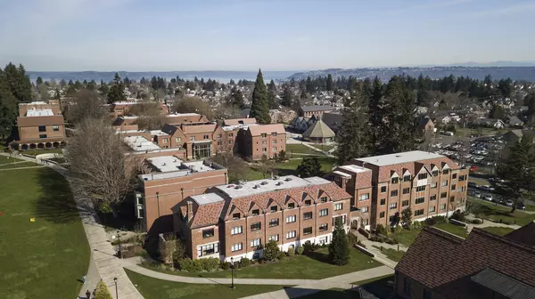Aerial view of campus featuring Regester Hall