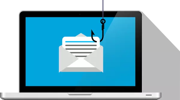 phishing hook with email envelope on laptop