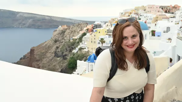 Prof. Sara Freeman in Santorini, Greece.