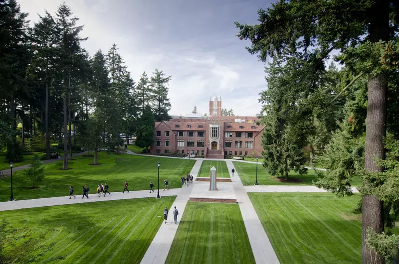 Sutton Quad and the Color Post in front of the Music Building