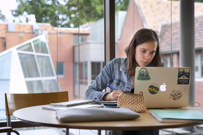 A student studies on the third floor of Harned Hall.