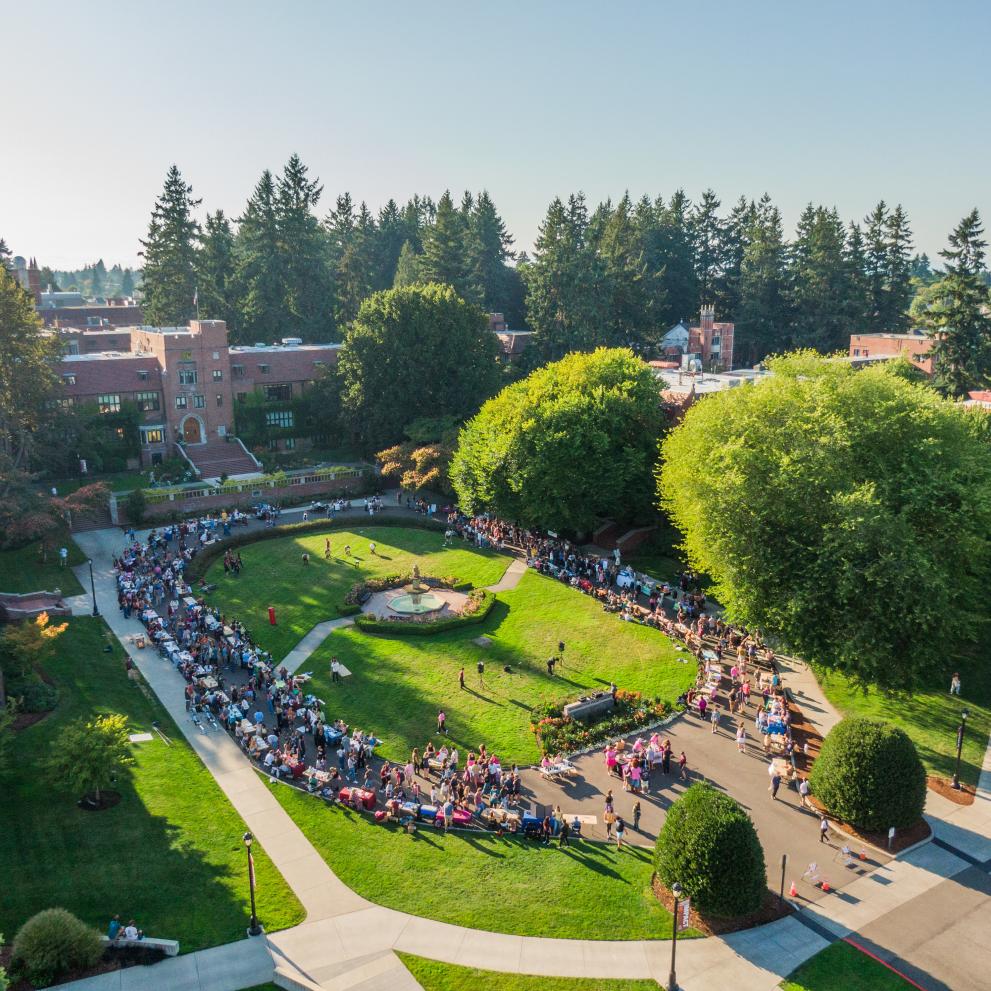 A student engagement fair that's an annual part of Puget Sound LogJam at the end of the first week of fall classes fills the Jones Circle.