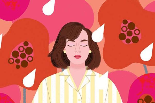 Illustration of brunette woman with eyes closed, background lots of red and pink poppies