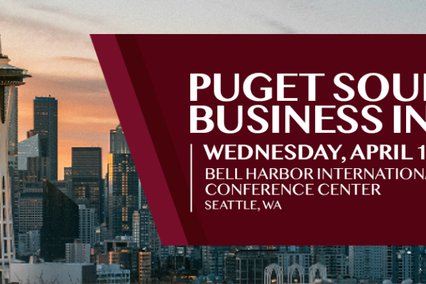 View of Seattle skyline with maroon block in the top right corner with Puget Sound Business Insights written over top. 